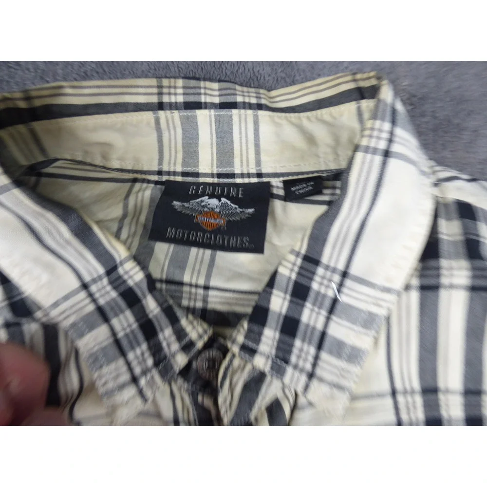 Harley-Davidson Racing Mens Plaid Button Down Shirt Cream Black Long Sleeve 2XL